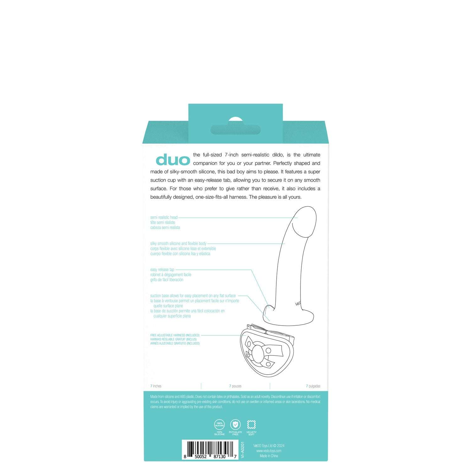 Packaging of the Duo 7-inch semi-realistic dildo with harness in turquoise and black, showing product features and description.