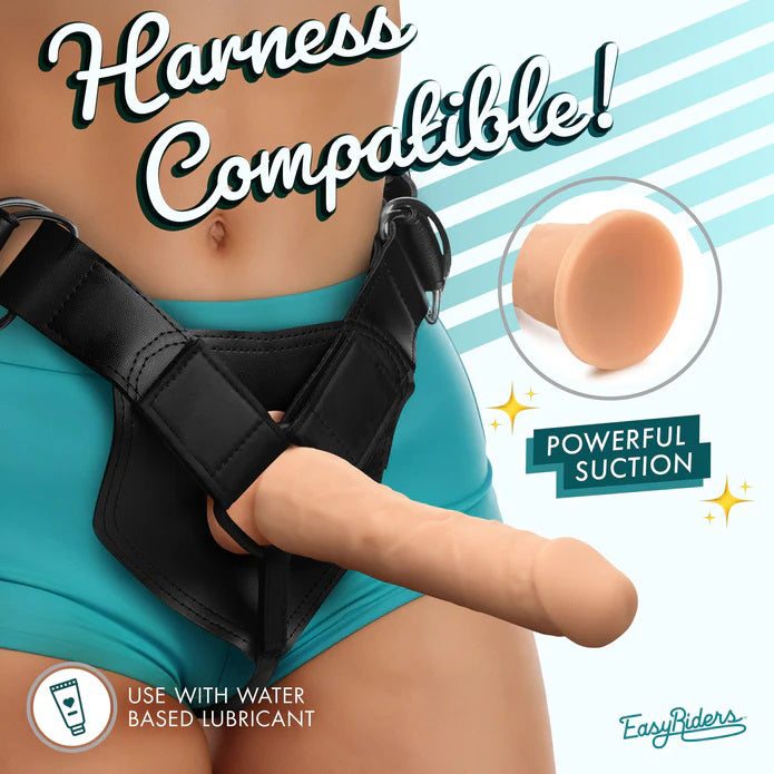 Easy Riders 7" silicone dildo with balls, realistic texture, suction cup base, and harness compatible for hands-free use