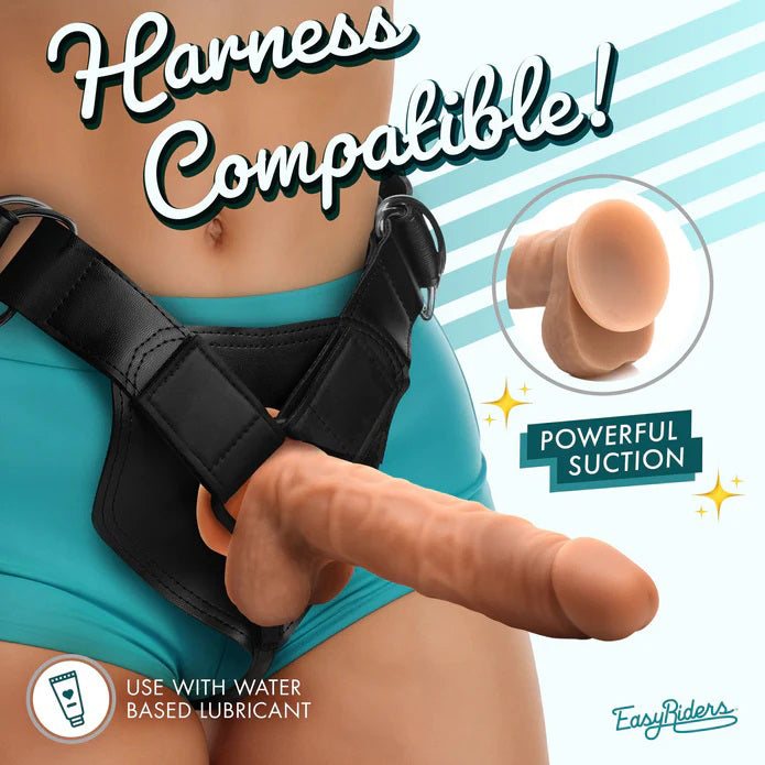 Easy Riders 7" silicone dildo with realistic texture, balls, suction cup base, and harness compatibility for hands-free use