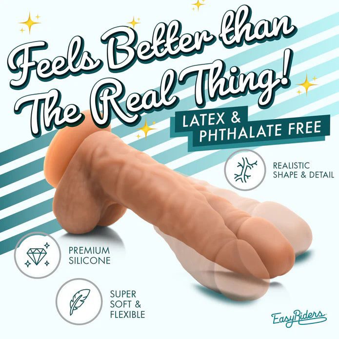 Easy Riders 7" silicone dildo with realistic shape, balls, premium soft flexible material, latex and phthalate free