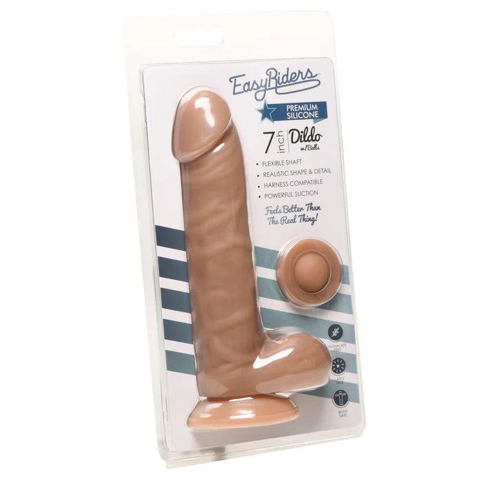 Easy Riders 7-inch medium silicone dildo with realistic shape, veins, balls, and suction cup base in retail packaging
