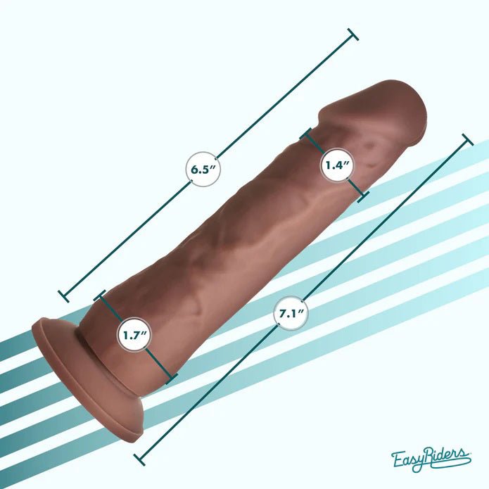Easy Riders 7 inch realistic silicone dildo with balls and suction base measuring 7.1 inches long and 1.4 inch wide shaft.