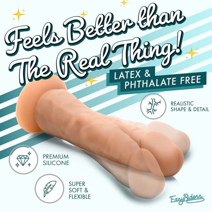 Easy Riders 7" silicone dildo with realistic shape, premium silicone, and super soft flexible texture, latex and phthalate free with suction base and balls.