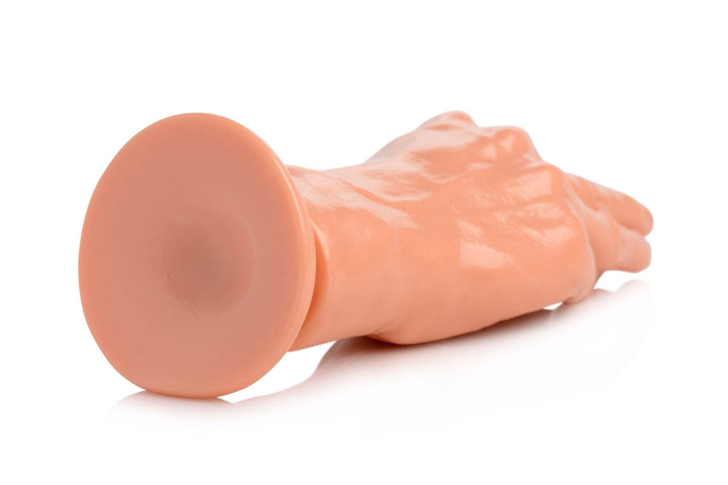 Flesh-colored realistic fisting hand dildo with suction cup base for hands-free use