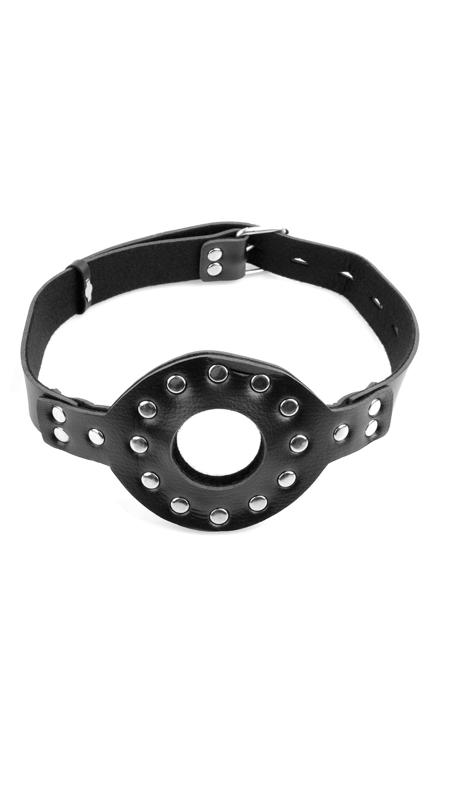 Fetish Fantasy Deluxe Ball Gag black leather adjustable strap with metal studs and open center ring design