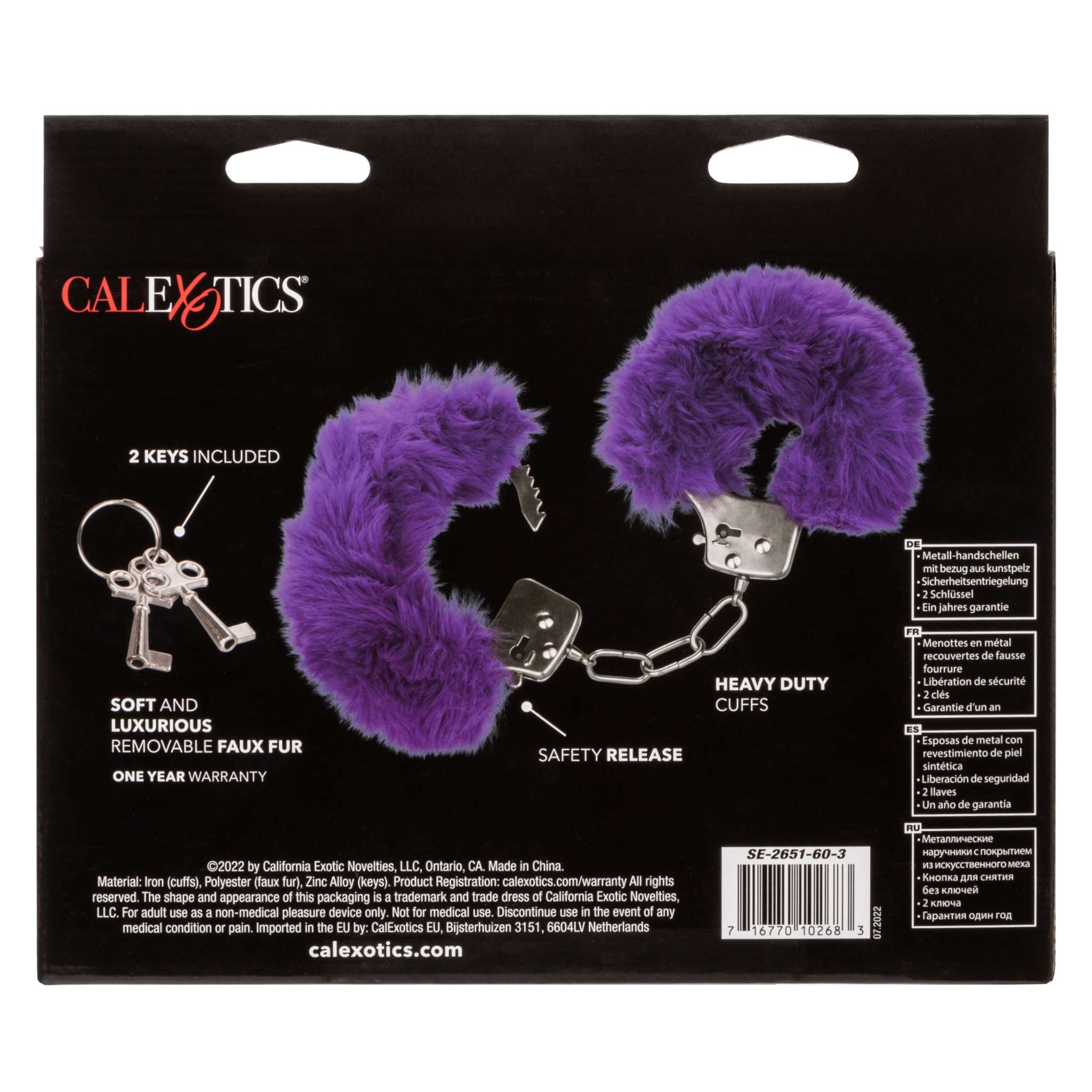 Purple Ultra Fluffy Furry Cuffs with soft removable faux fur, heavy-duty metal design, safety release, and included keys.