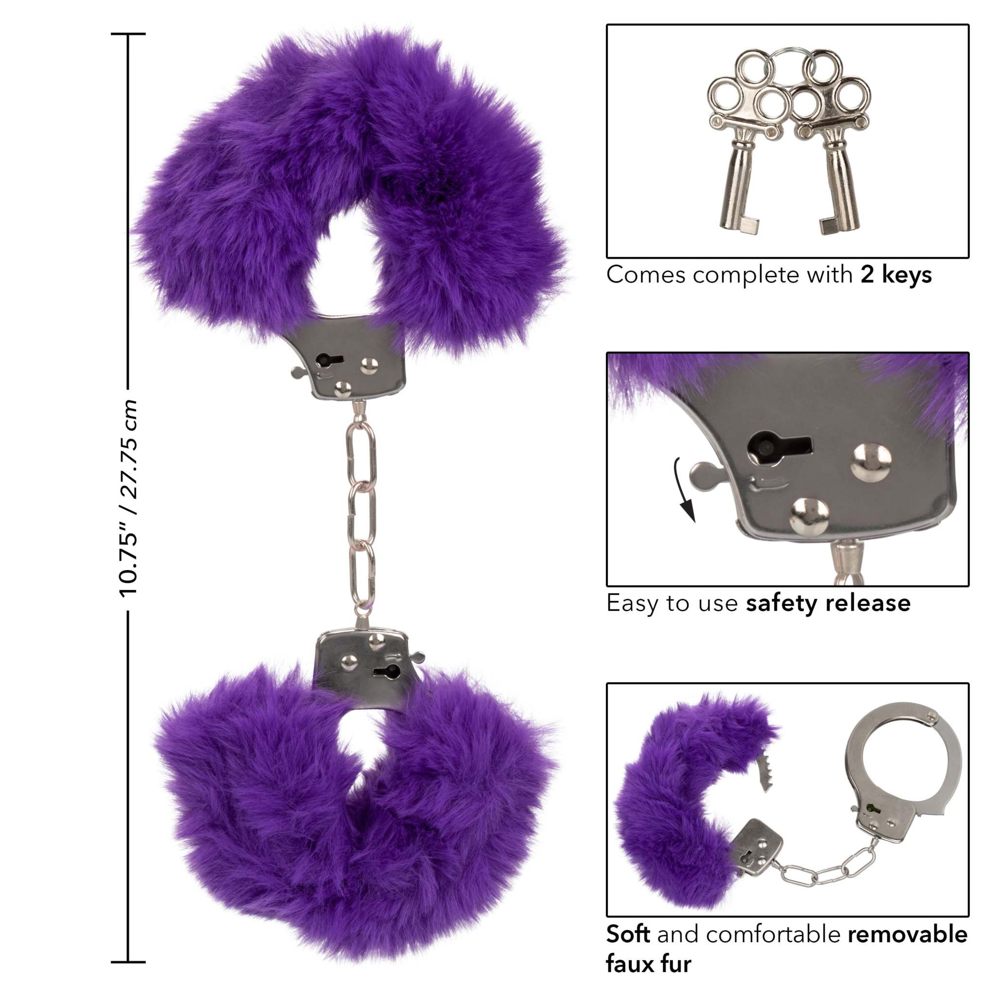 Purple ultra fluffy furry cuffs with removable faux fur, lockable metal design, safety release, and two keys included.