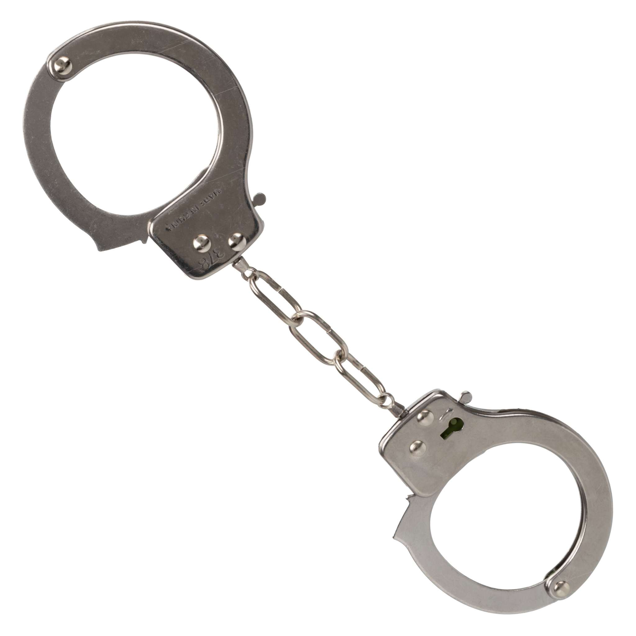 Metal handcuffs with chain and lockable design, no purple fur visible