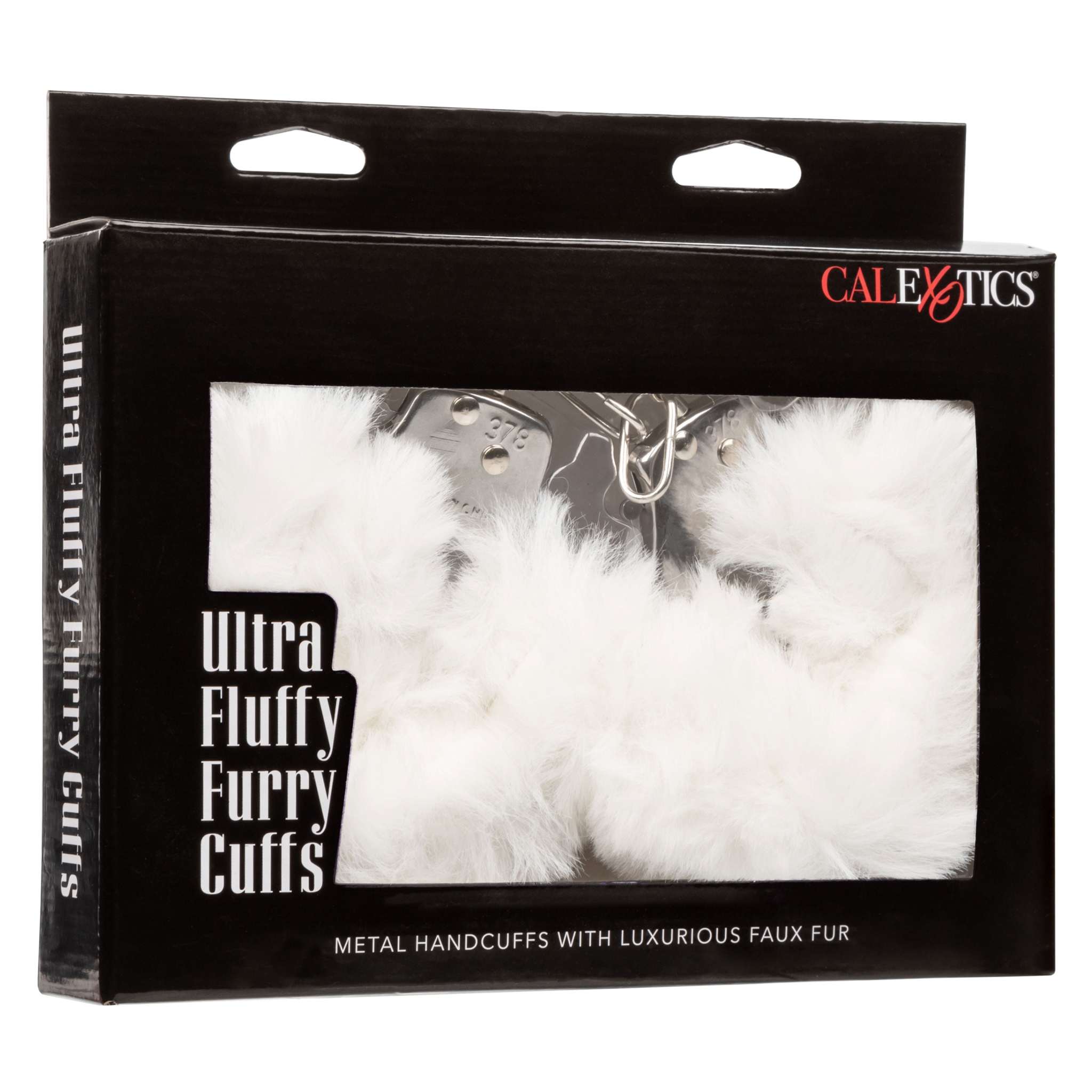 Ultra Fluffy Furry Cuffs white faux fur covered metal handcuffs in black packaging with lock and keys