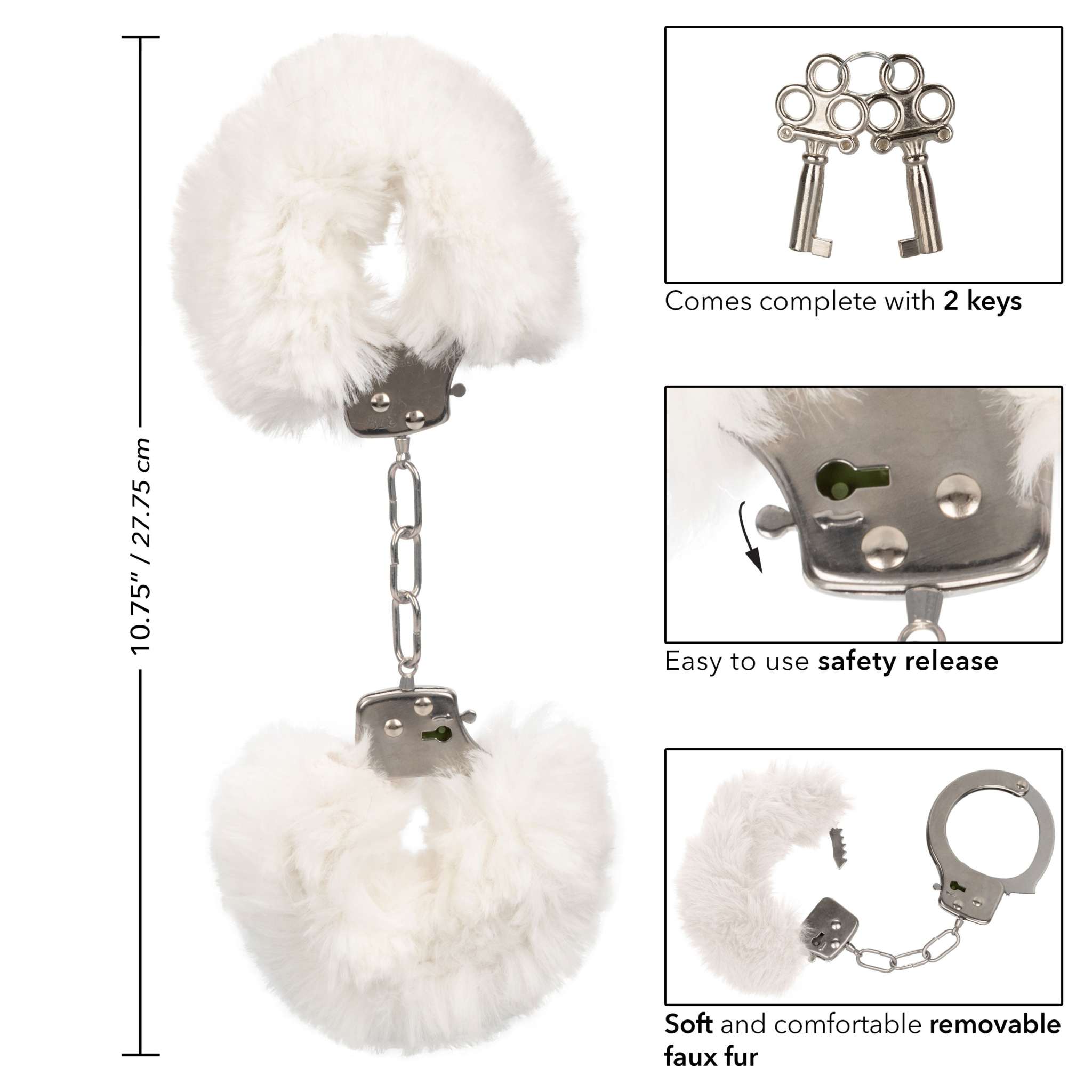 White Ultra Fluffy Furry Cuffs with soft removable faux fur, lockable metal design, safety release, and 2 keys included.