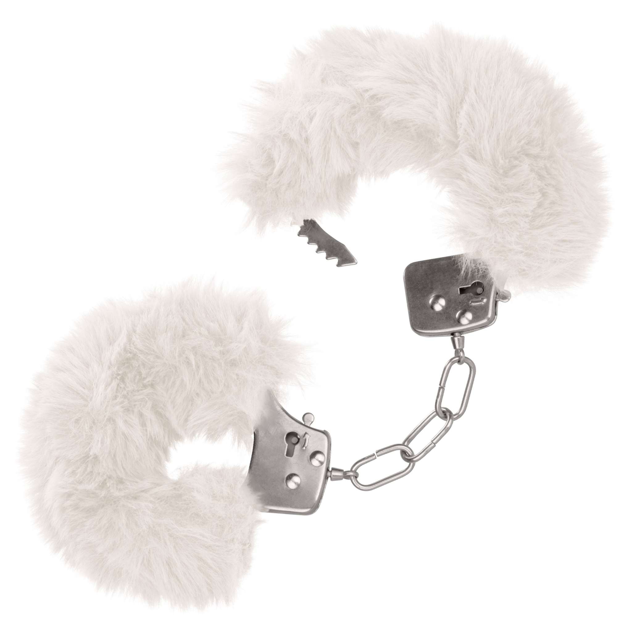 White Ultra Fluffy Furry Cuffs with soft faux fur and metal lockable design, including two keys and safety release latch