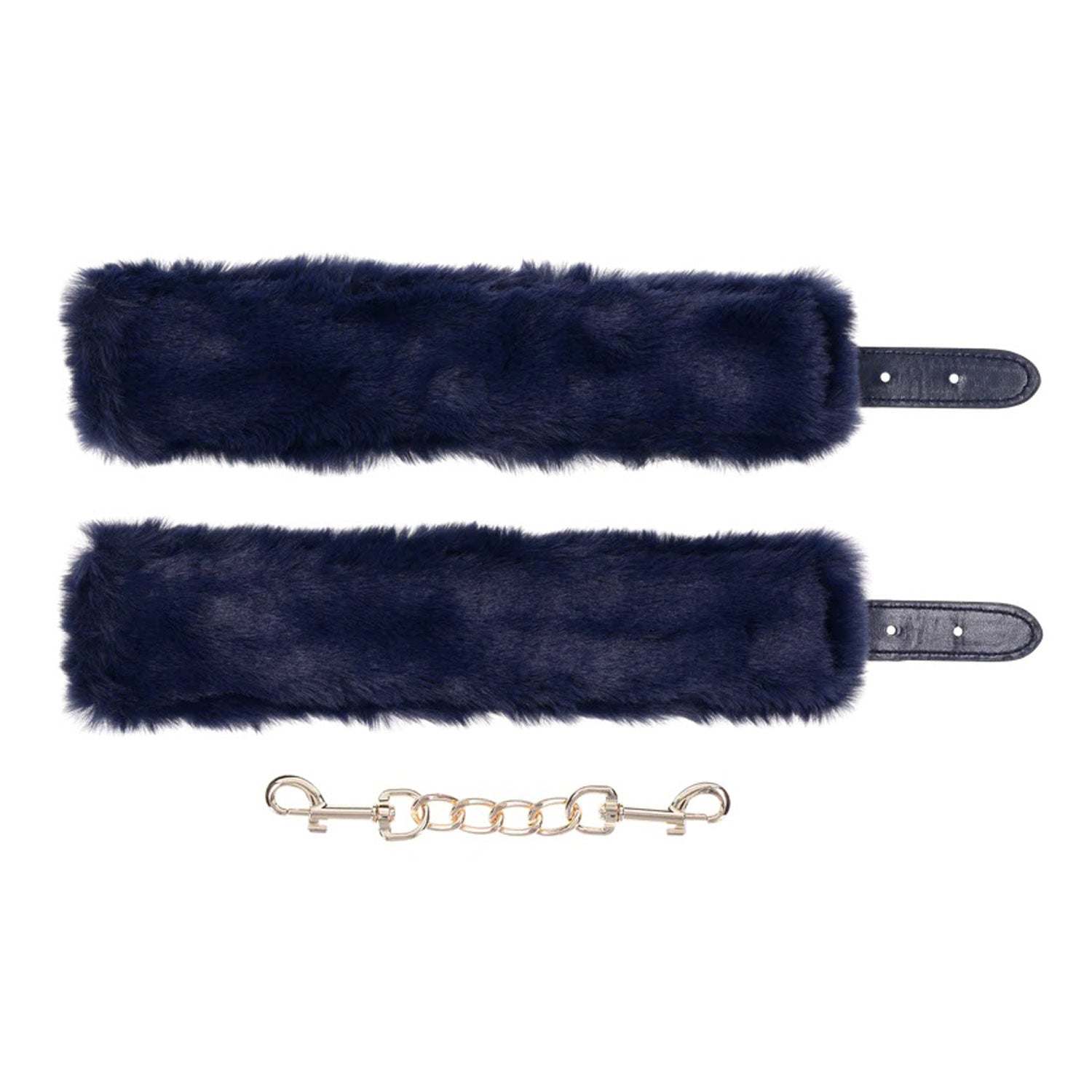 Cougar Fur Handcuffs with blue faux fur lining and gold-plated hardware for stylish and comfortable restraint.