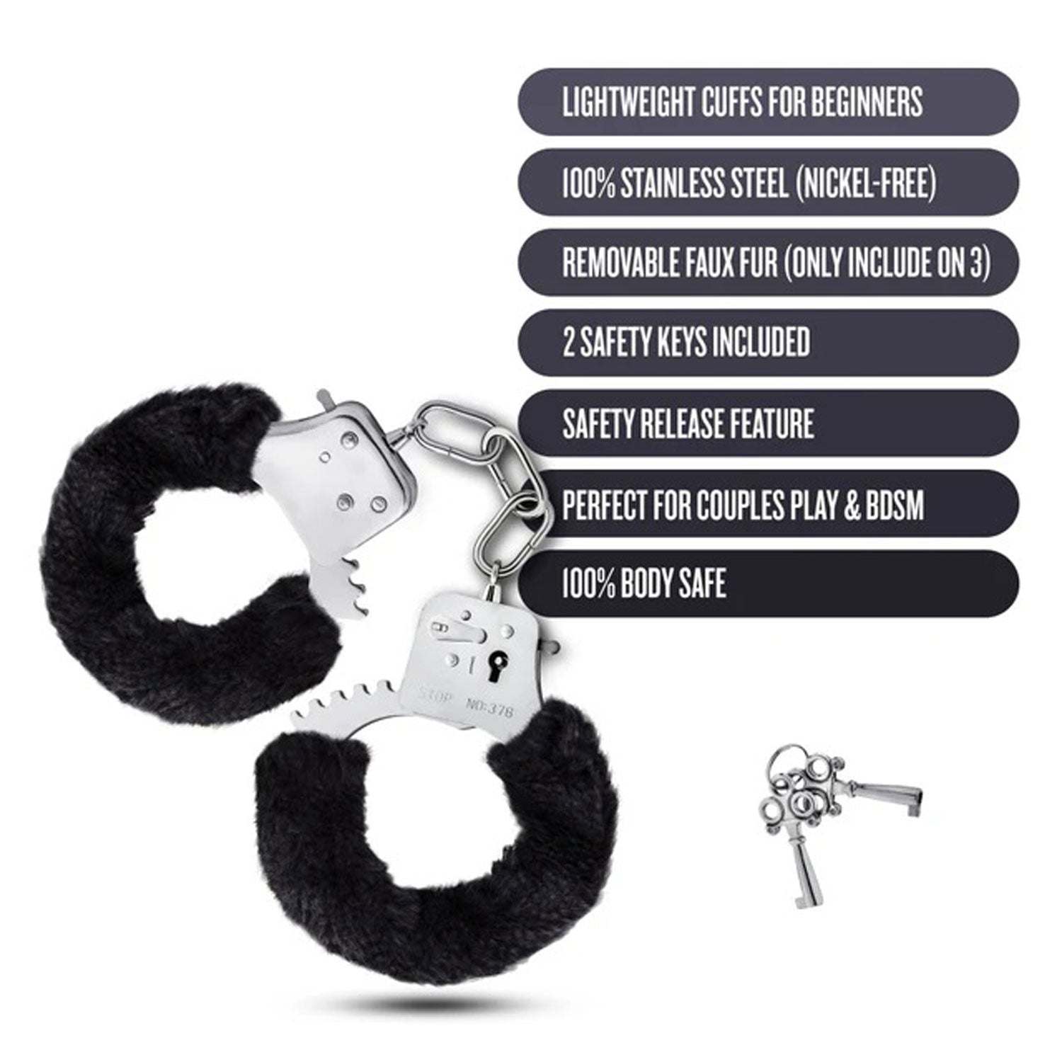 Temptasia Beginner Cuffs black lightweight stainless steel handcuffs with removable faux fur, safety release, and 2 keys for BDSM beginners