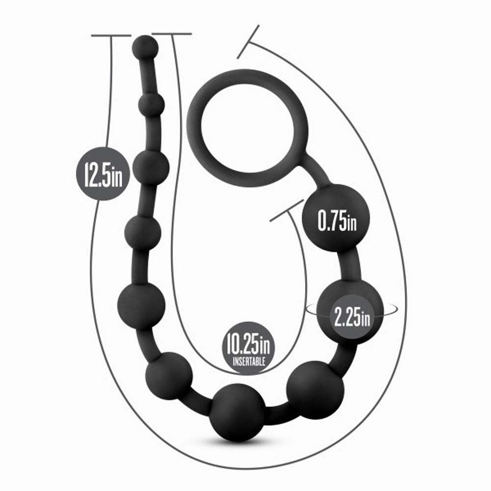 Black Anal Adventures - Platinum silicone anal beads with 10 progressively sized beads and ring handle, 10.25 inches insertable length