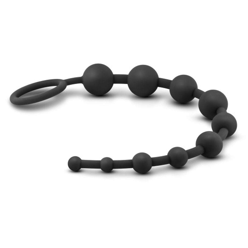 Anal Adventures Platinum black silicone 10-piece progressive size anal beads with ring handle
