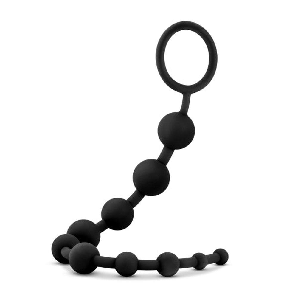 Black silicone anal beads with handle, 10 progressively sized spheres, smooth and body-safe for comfortable use, Anal Adventures - Platinum series.