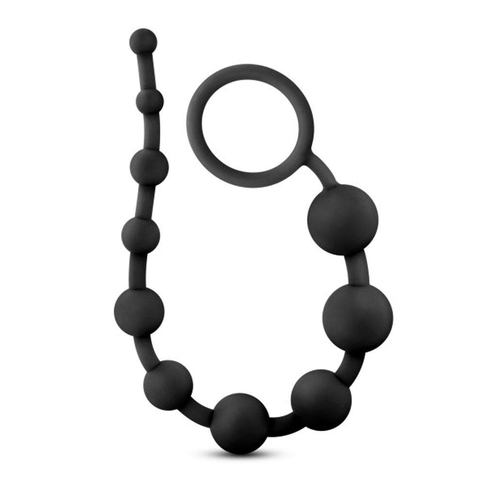 Black silicone anal beads with ten progressively sized spheres and a finger loop for easy use by Anal Adventures - Platinum