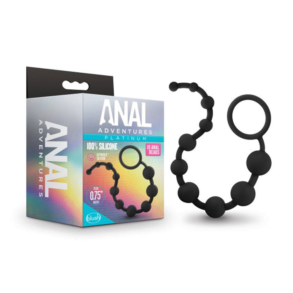 Black Anal Adventures Platinum silicone anal beads with progressively sized spheres and a loop handle, shown next to its packaging.