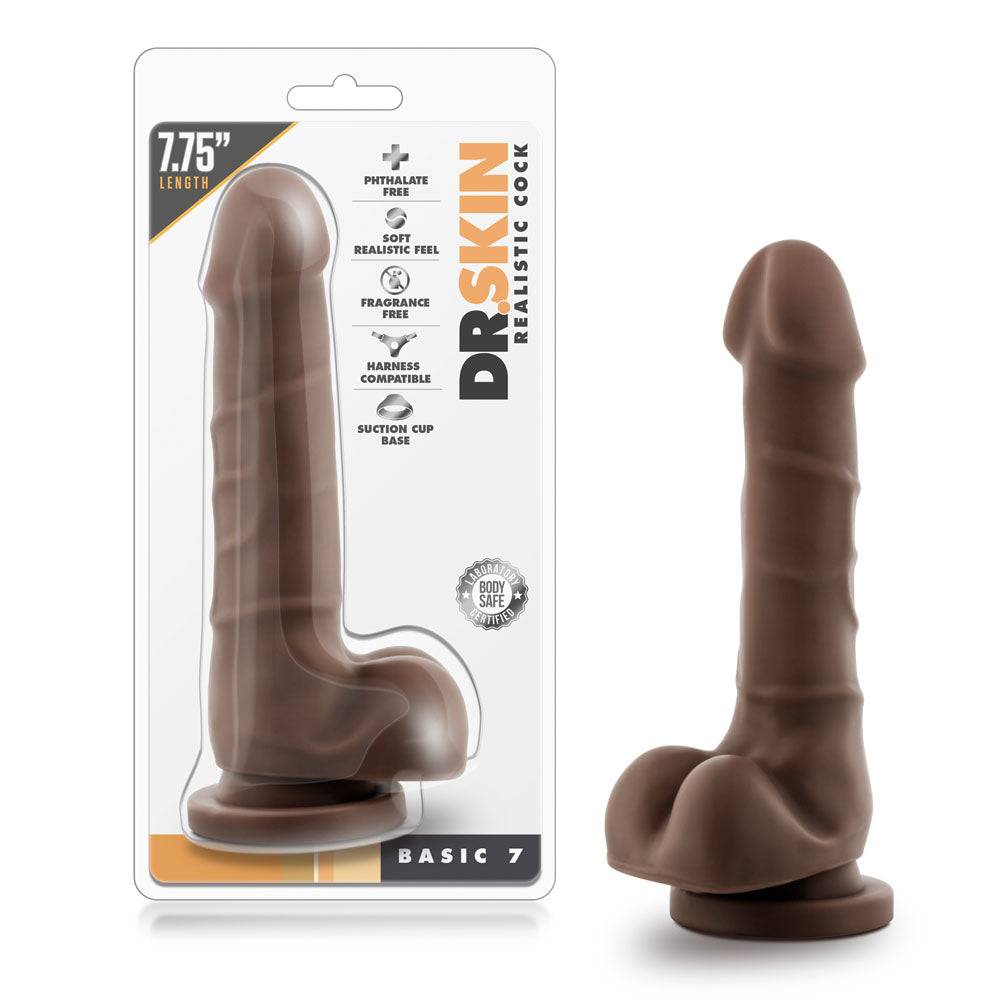Dr. Skin realistic chocolate dildo with 7.75-inch length and suction cup base, phthalate and fragrance-free body-safe material.