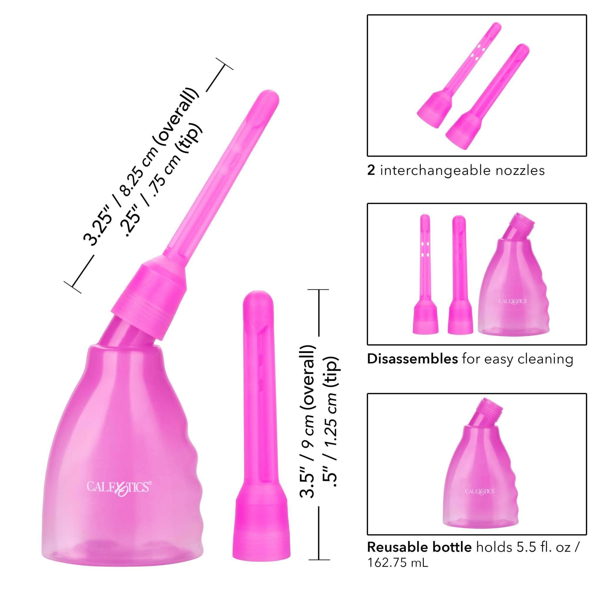 Pink ultimate douche with ergonomic reusable bottle and two interchangeable nozzles for comfortable personal care
