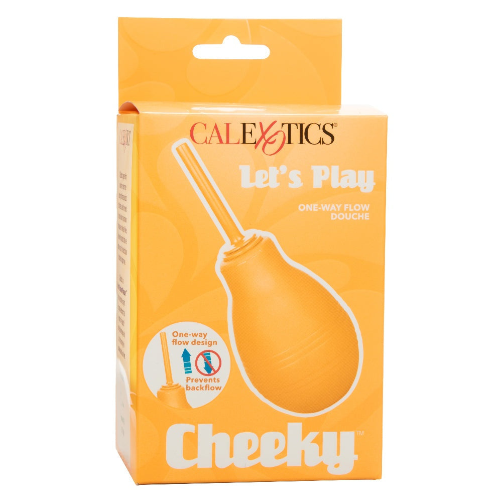 Cheeky One-Way Flow Douche in orange with one-way valve for hygienic, leak-proof anal cleansing.