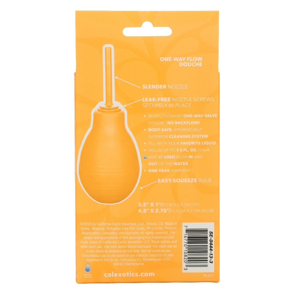 Cheeky One-Way Flow Douche in orange with one-way valve, leak-free slender nozzle, easy-squeeze bulb, 7.3 fl oz capacity for hygienic cleansing.