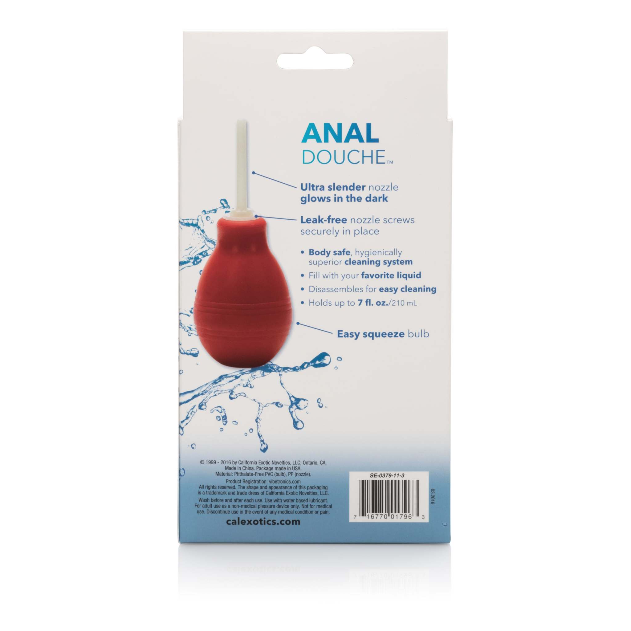 Red anal douche with glow-in-the-dark nozzle and easy squeeze bulb for hygienic cleaning