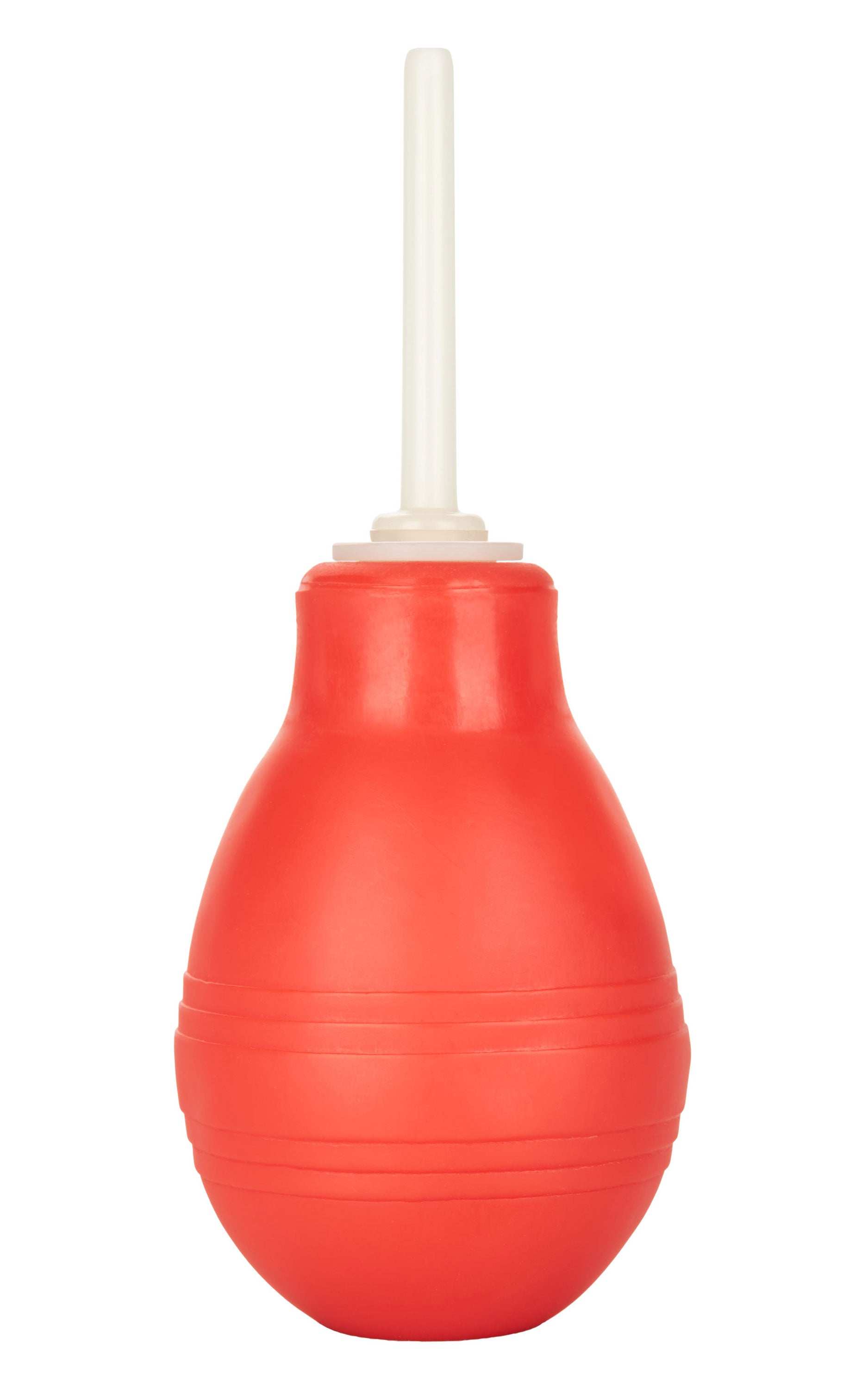 Red anal douche with ergonomic body-safe design and glow-in-the-dark applicator for easy hygiene and comfort