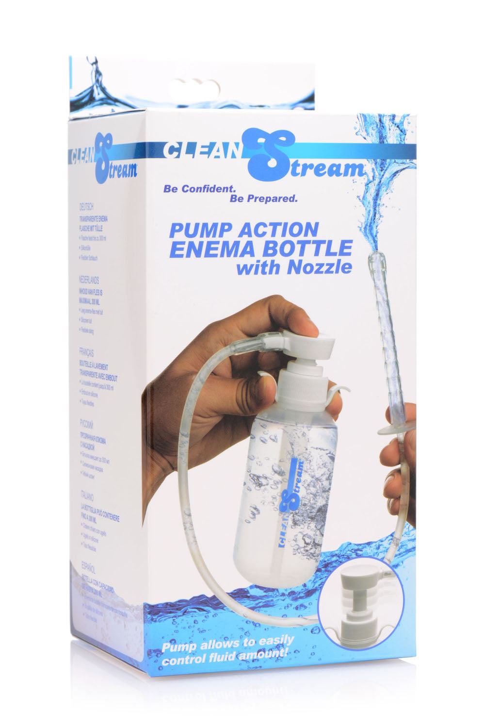 Pump Action Enema Bottle with nozzle, ergonomic pump, clear measurement, flexible tube for personal hygiene cleansing.