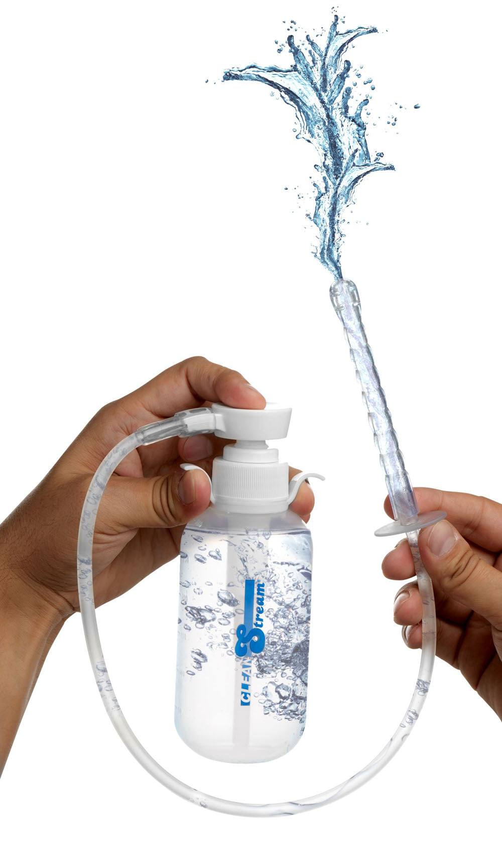 Pump Action Enema Bottle with nozzle and flexible tube, ergonomic handles, and 300 mL capacity for precise personal cleansing.
