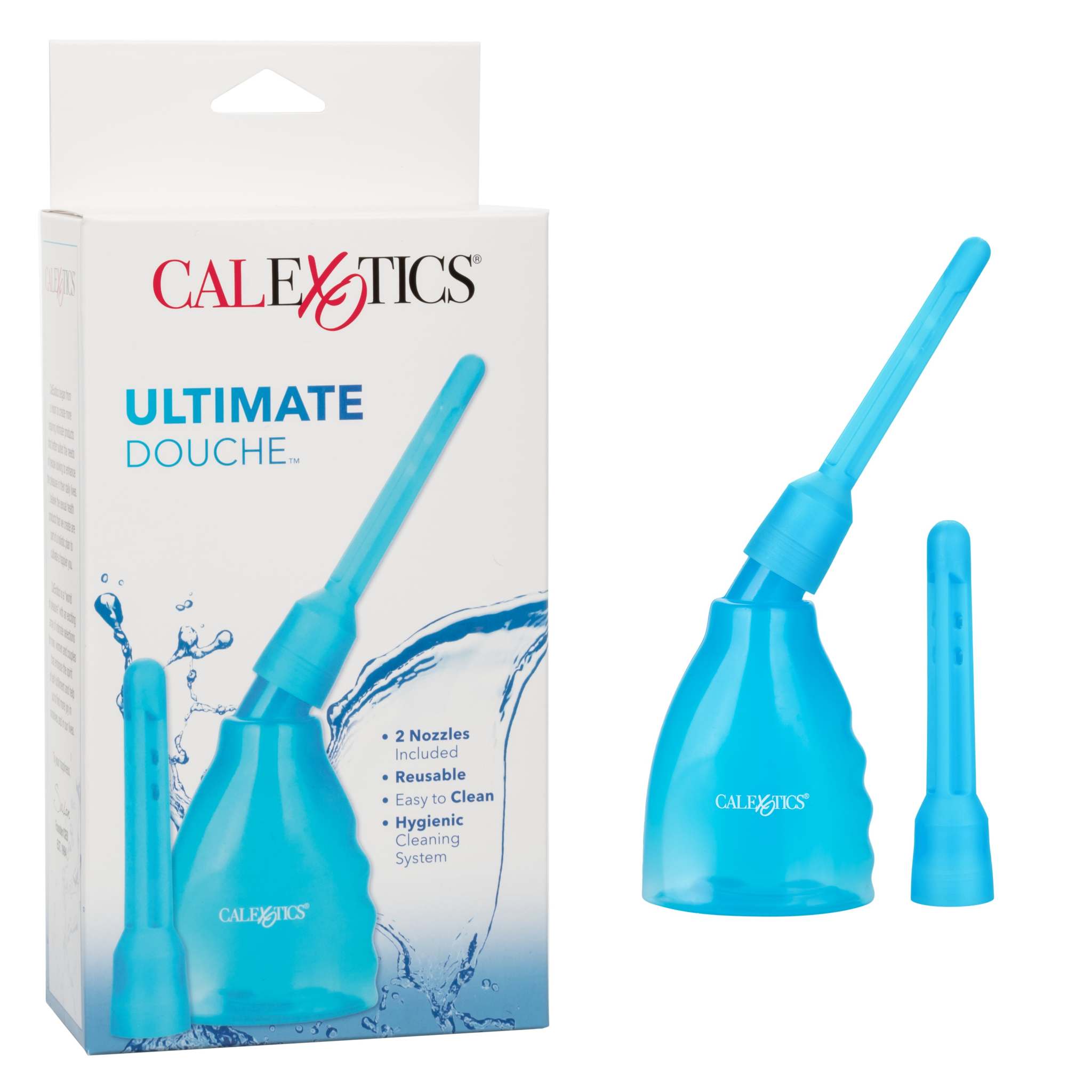 Blue reusable Ultimate Douche with two interchangeable nozzles and packaging by CalExotics for ergonomic personal care