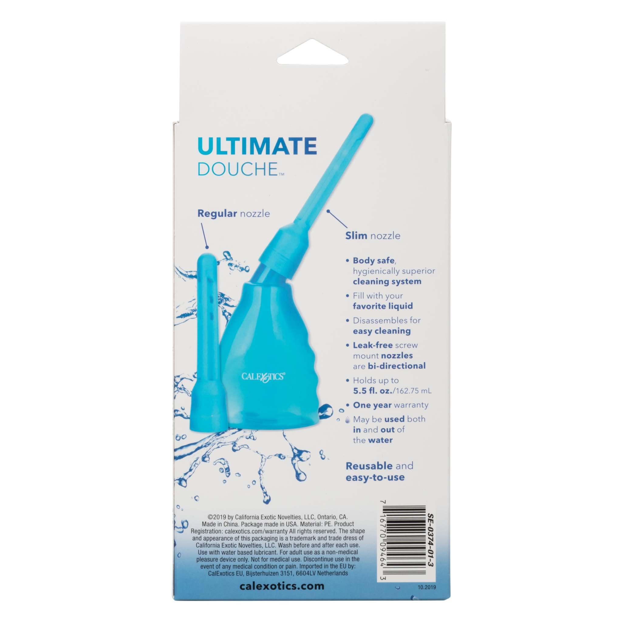 Blue reusable Ultimate Douche with ergonomic design, featuring regular and slim interchangeable nozzles for personal hygiene.