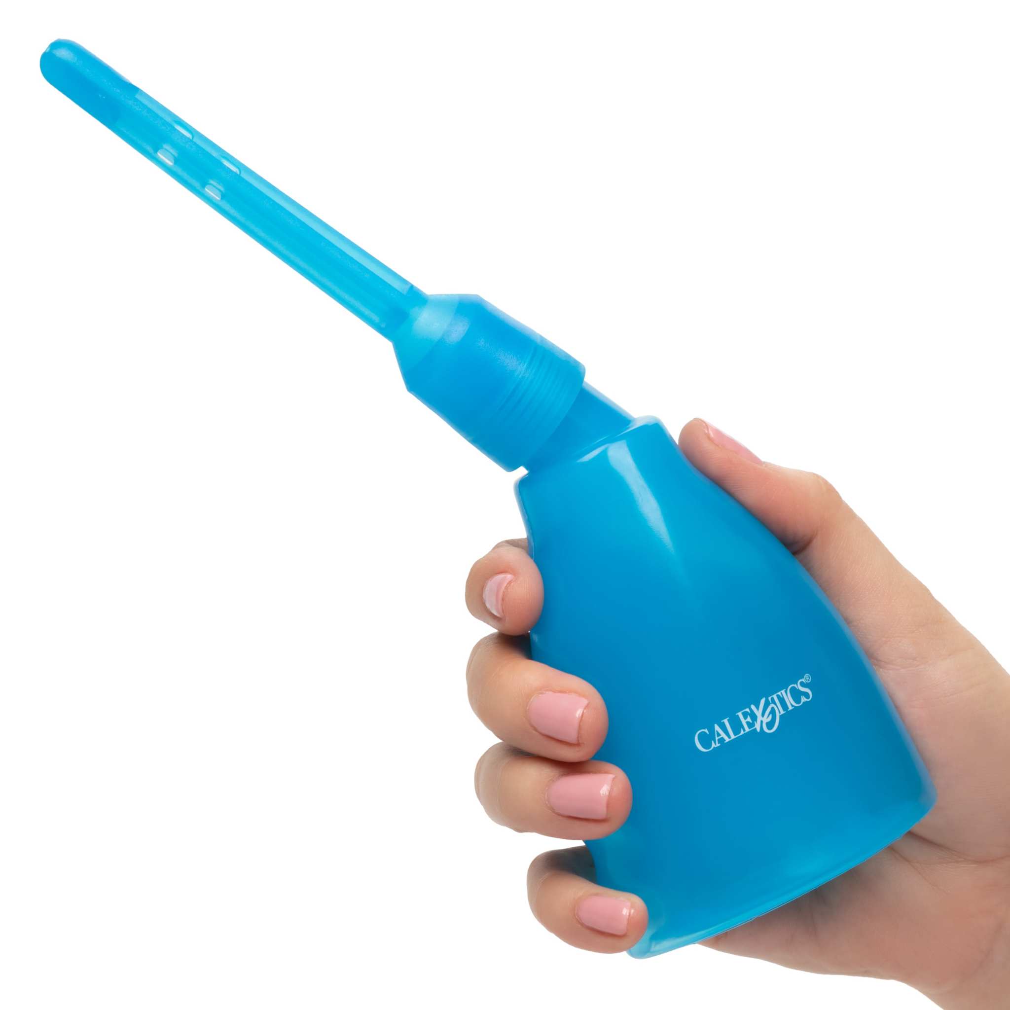 Blue ergonomic Ultimate Douche with screw mount nozzle held in hand for personal hygiene
