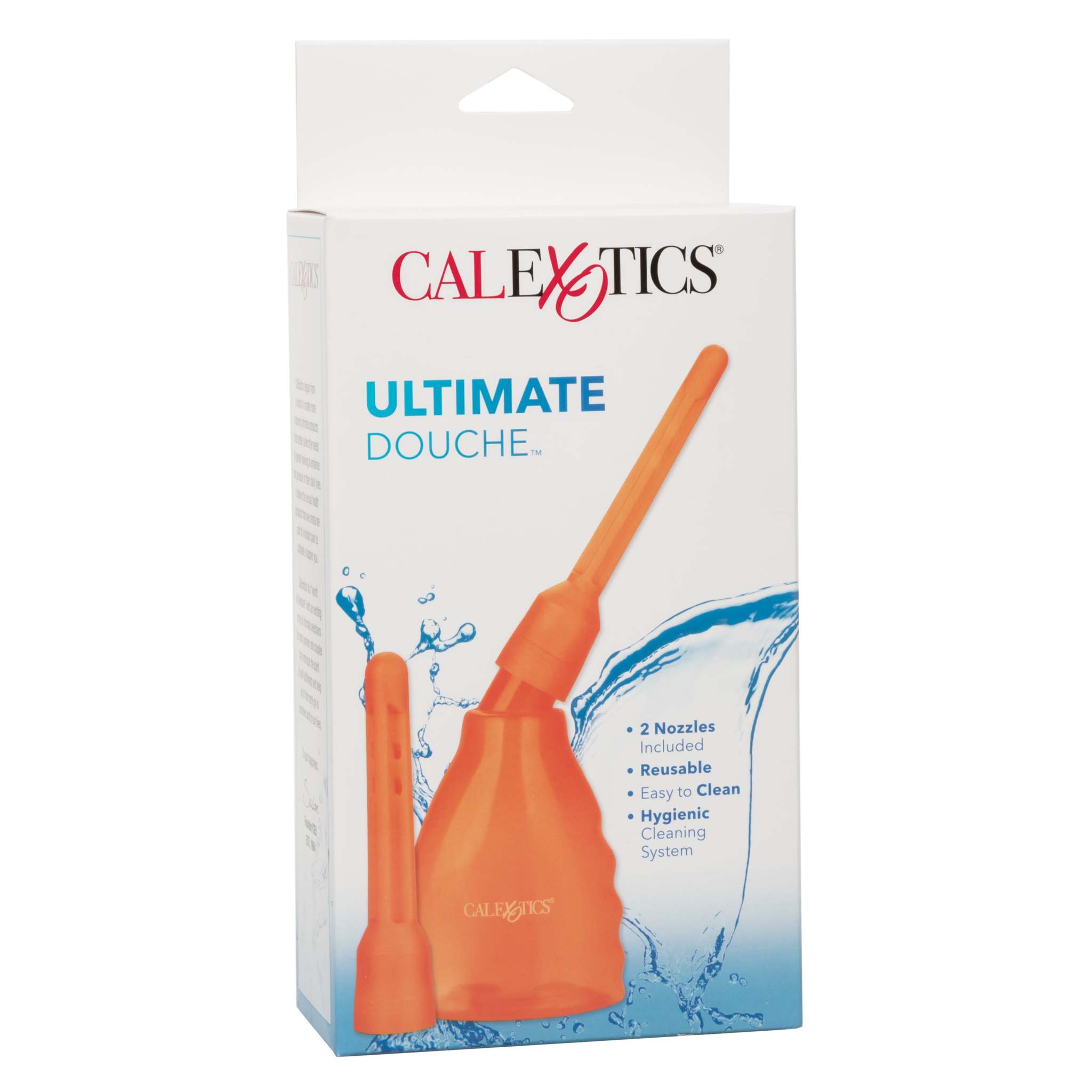 Orange reusable ultimate douche with two interchangeable nozzles in packaging