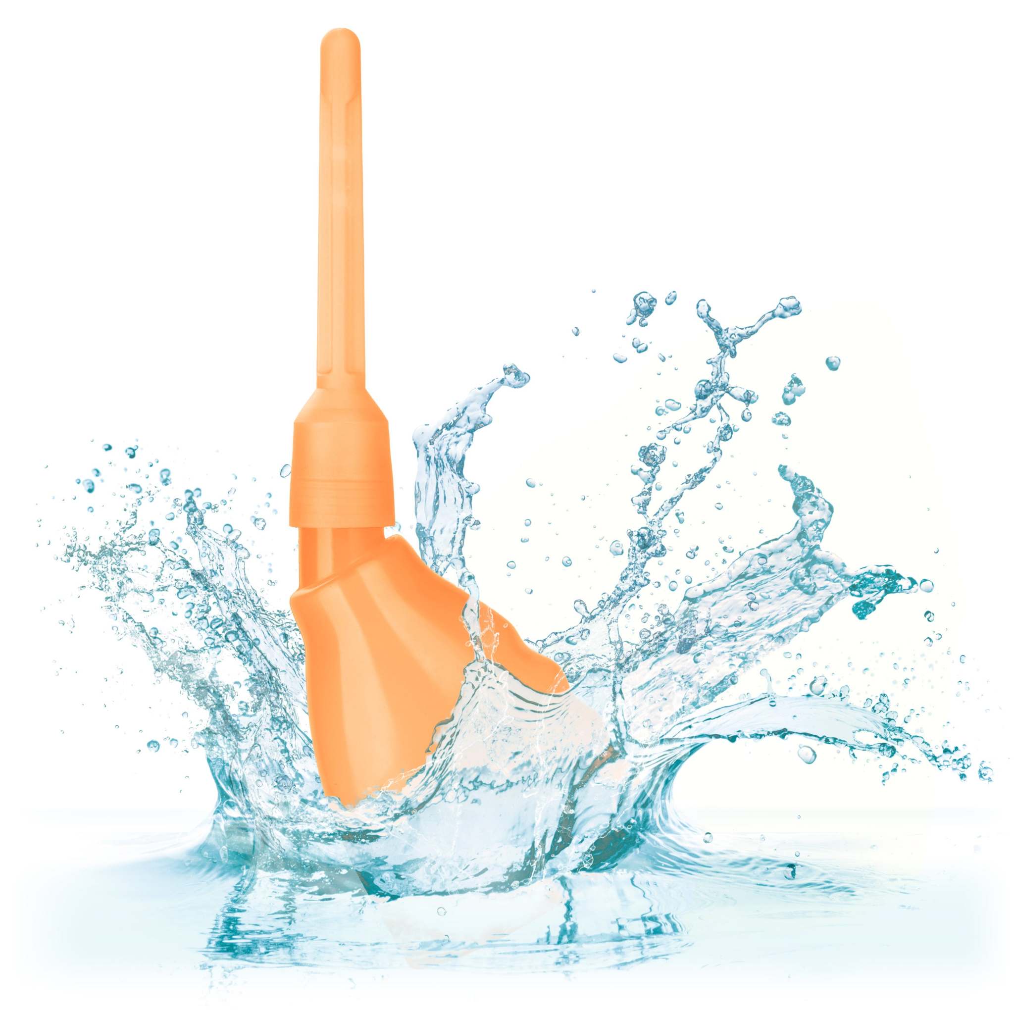 Orange reusable douche with two interchangeable nozzles and splash of water for intimate hygiene.