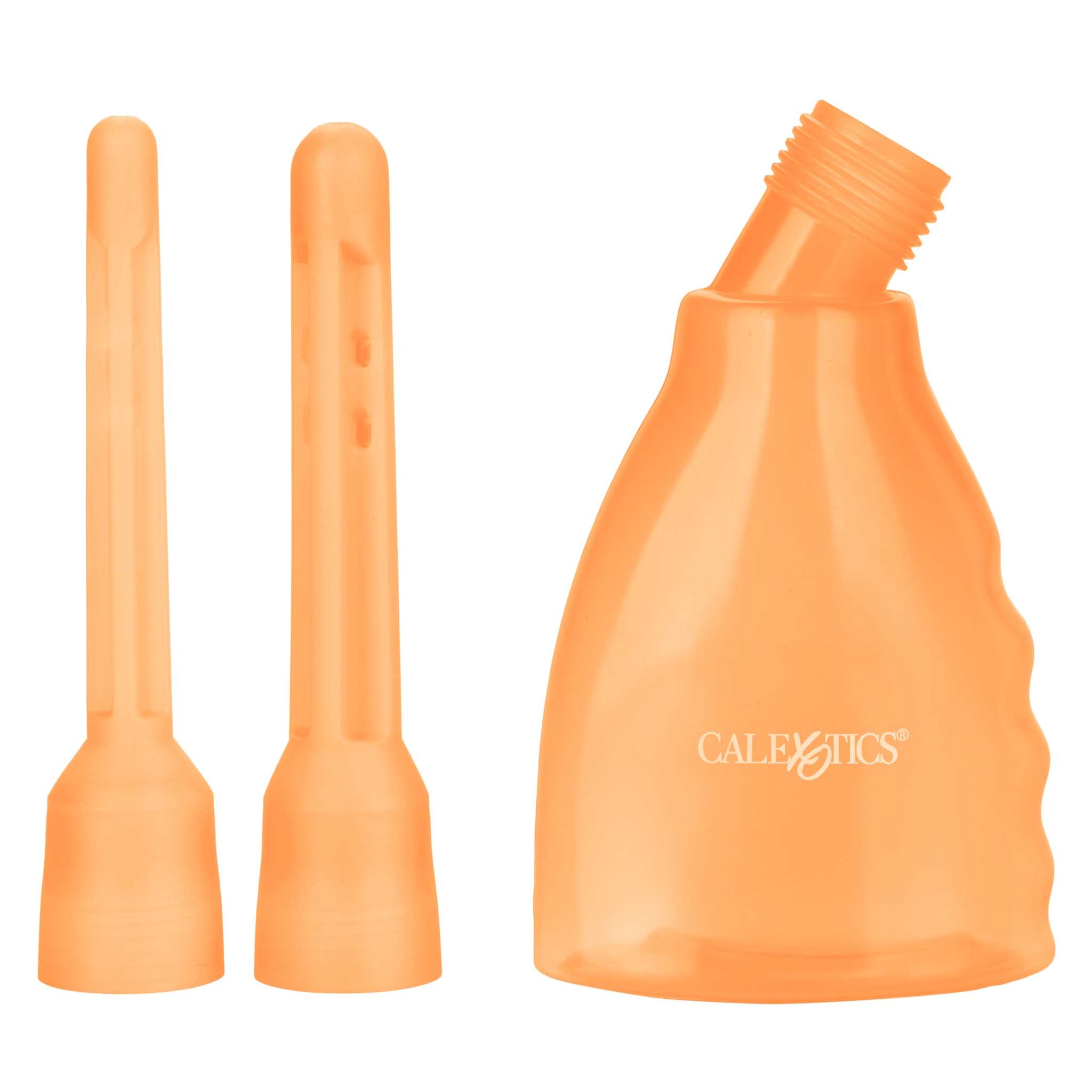 Orange reusable douche bottle with two interchangeable nozzles for intimate hygiene and easy cleaning