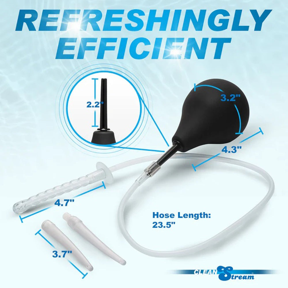 Silicone Enema Bulb Kit with black bulb, 23.5-inch tubing, and three interchangeable tapered attachments for comfortable cleansing.