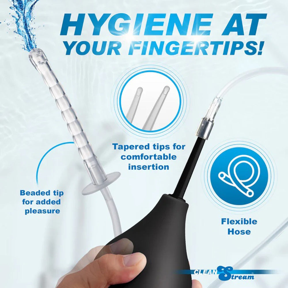 Silicone Enema Bulb Kit with tapered and beaded tips, flexible hose for comfortable insertion and hygiene.