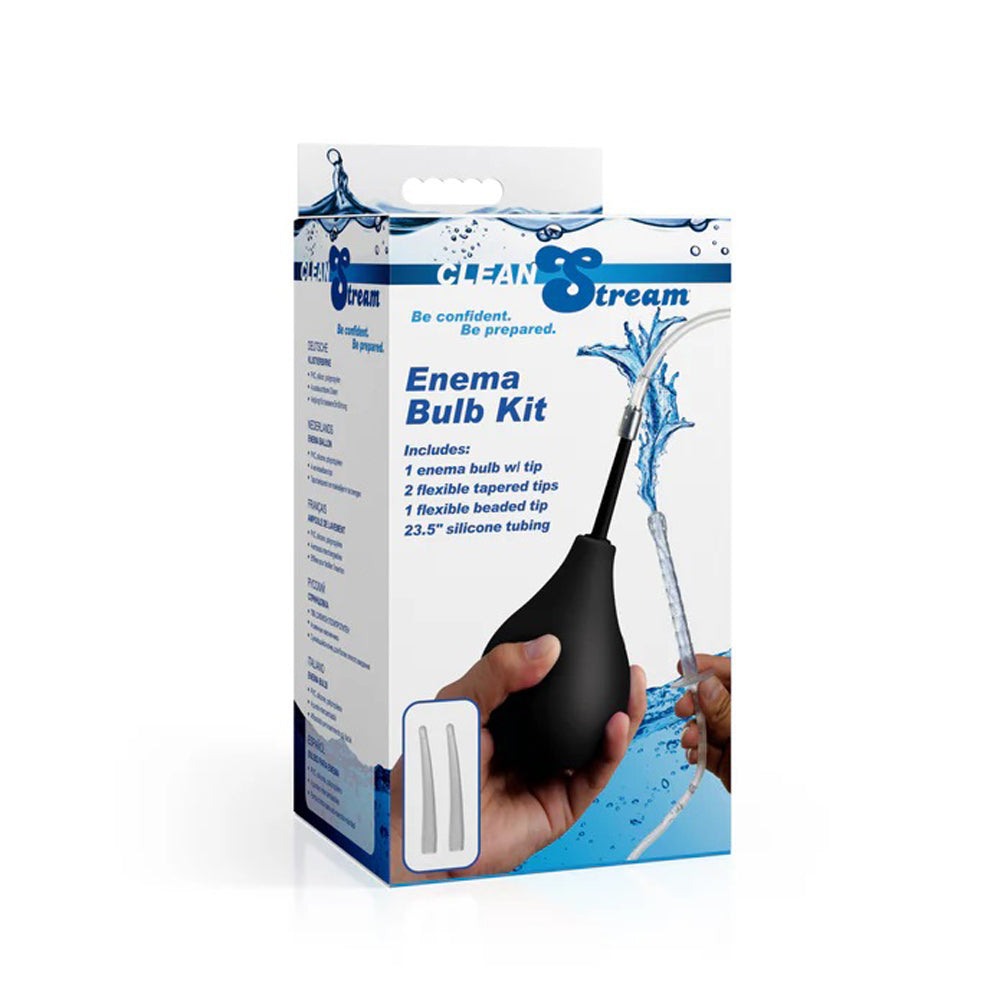 Silicone enema bulb kit with black bulb, tapered tips, beaded tip, and 23.5-inch tubing for personal cleansing and travel use.