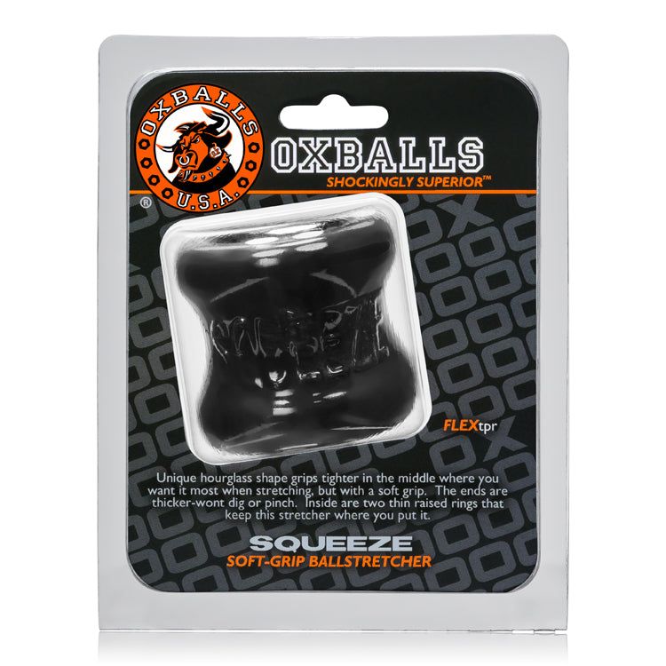 Squeeze Soft-Grip Ballstretcher black FLEX-TPR hourglass design with soft padded ends in retail packaging