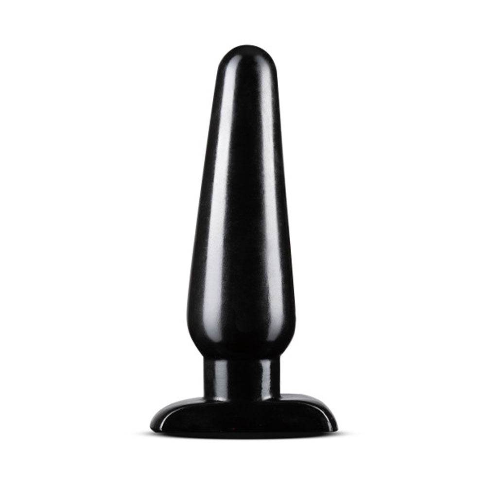 Anal Adventures Basic Large Black Anal Plug with tapered tip and smooth PVC material for comfortable insertion and secure fit.