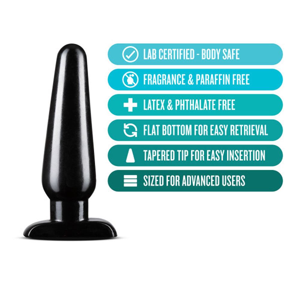 Large black Anal Adventures basic anal plug with tapered tip and flat base, body-safe PVC, latex and phthalate free, easy insertion and retrieval.