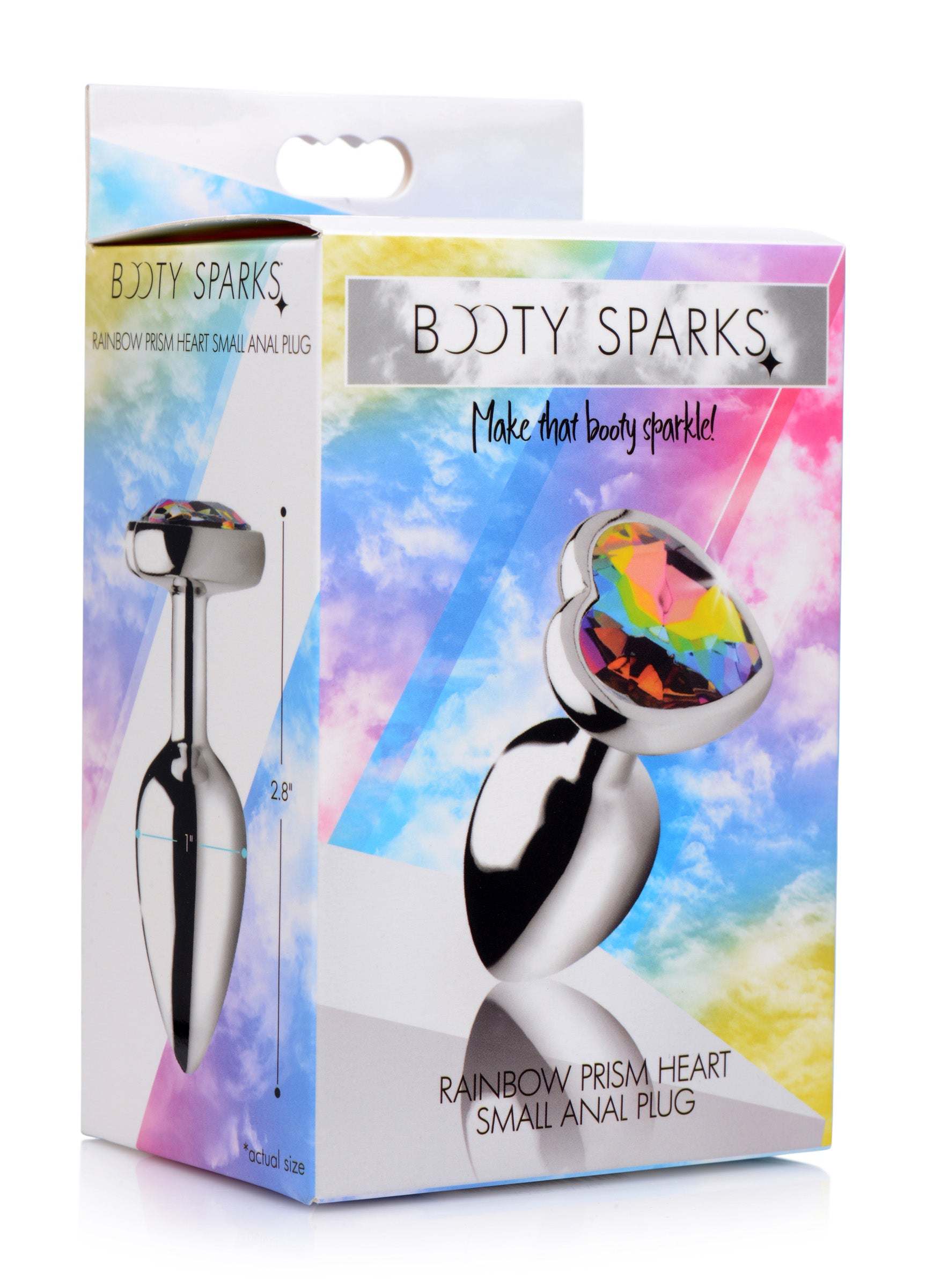 Rainbow Prism Heart-shaped anal plug with rainbow gem, nickel-free aluminum, smooth finish, multiple sizes for versatile comfort and temperature play.