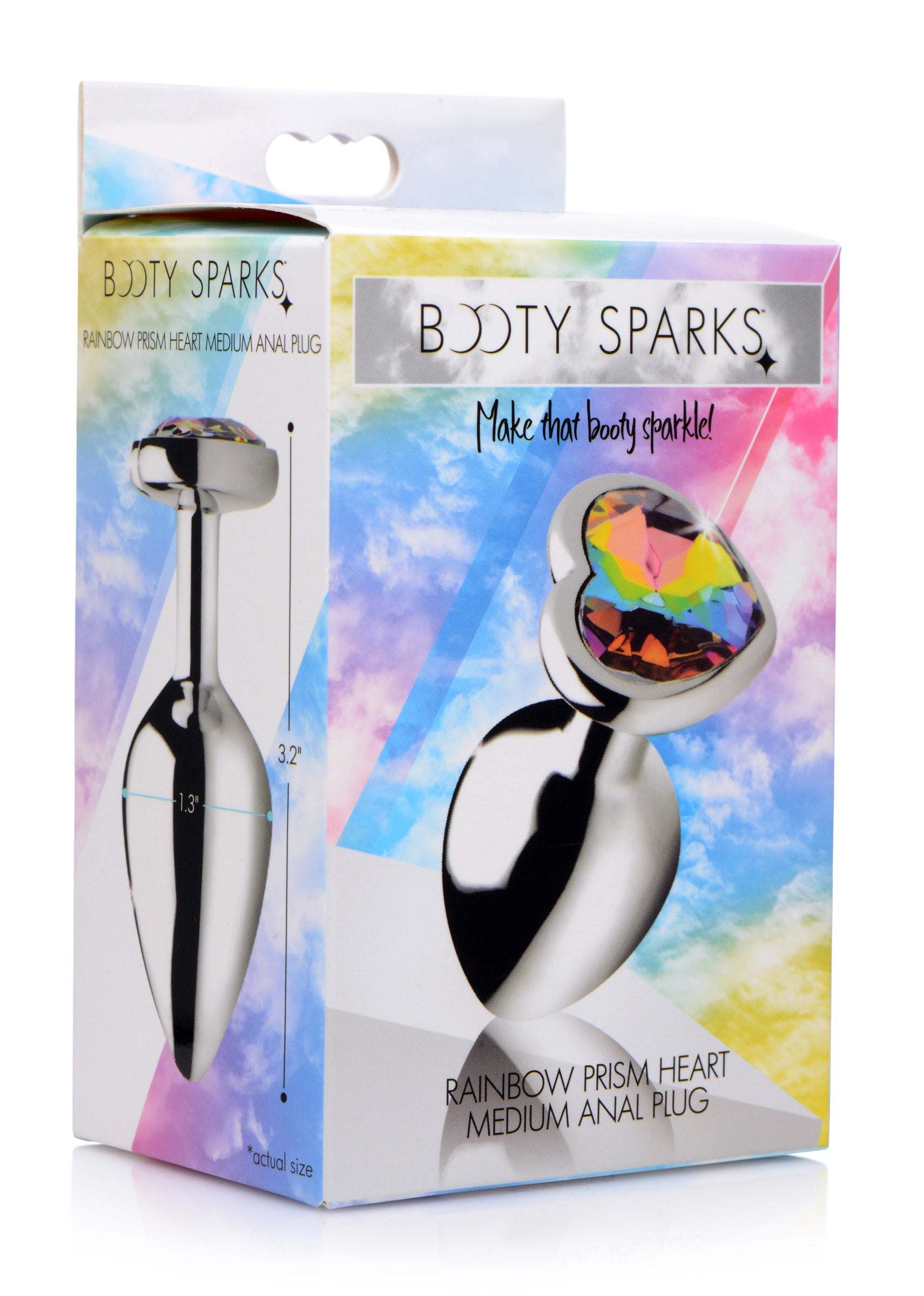Rainbow Prism Heart anal plug in medium size with colorful heart-shaped gem and smooth metallic finish