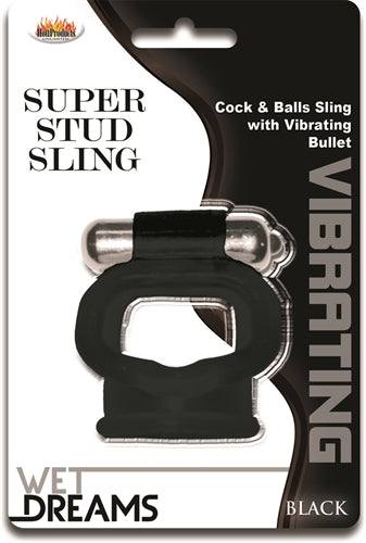 Wet Dreams Super Stud Sling black cock and balls sling with vibrating bullet packaging