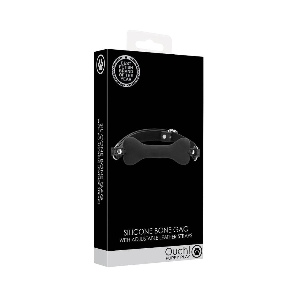 Ouch! Puppy Play Silicone Bone Gag in black with adjustable leather straps, made from medical-grade silicone for safe and comfortable puppy play and BDSM role-playing.