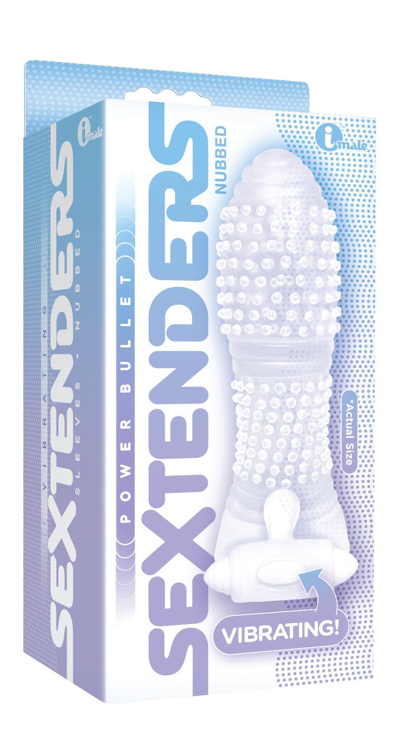 Clear nubbed vibrating sextender with swirling textures and ribbed accents, 5-inch length for enhanced pleasure.