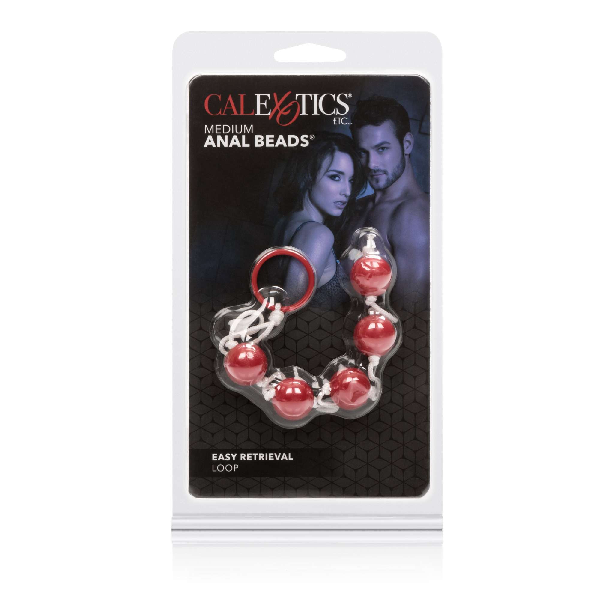 CalExotics medium anal beads with easy retrieval loop in vibrant red, designed for safe and pleasurable play