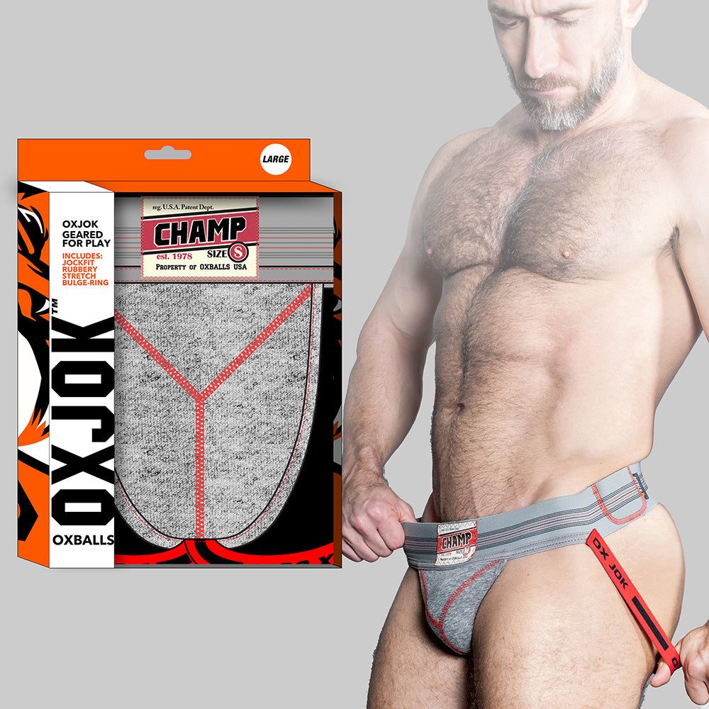 Oxballs Oxjok Champ vintage gray heather jockstrap with soft plush pouch and vintage waistband design in size large