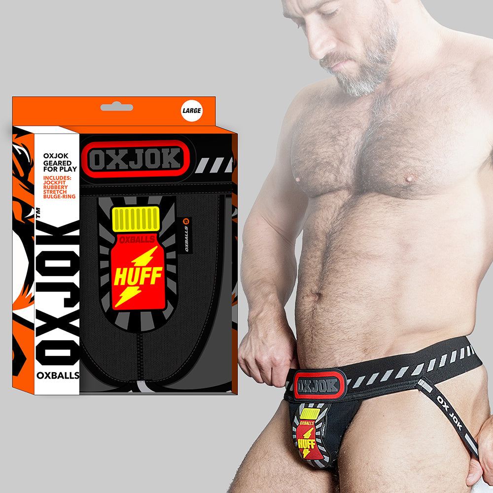 Oxballs Oxjok Popperjock 3D rubber pouch black and red jockstrap with stash pocket and cockring.